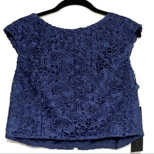 NWT Aidan Mattox Navy Lace Cropped Blouse Back Zip